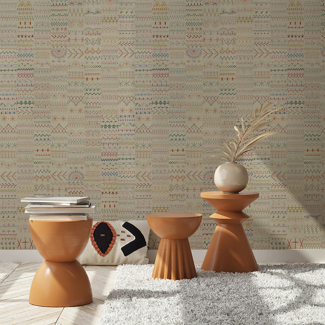 Embroidery Study - Lazy Daisy Grasscloth Wallpaper