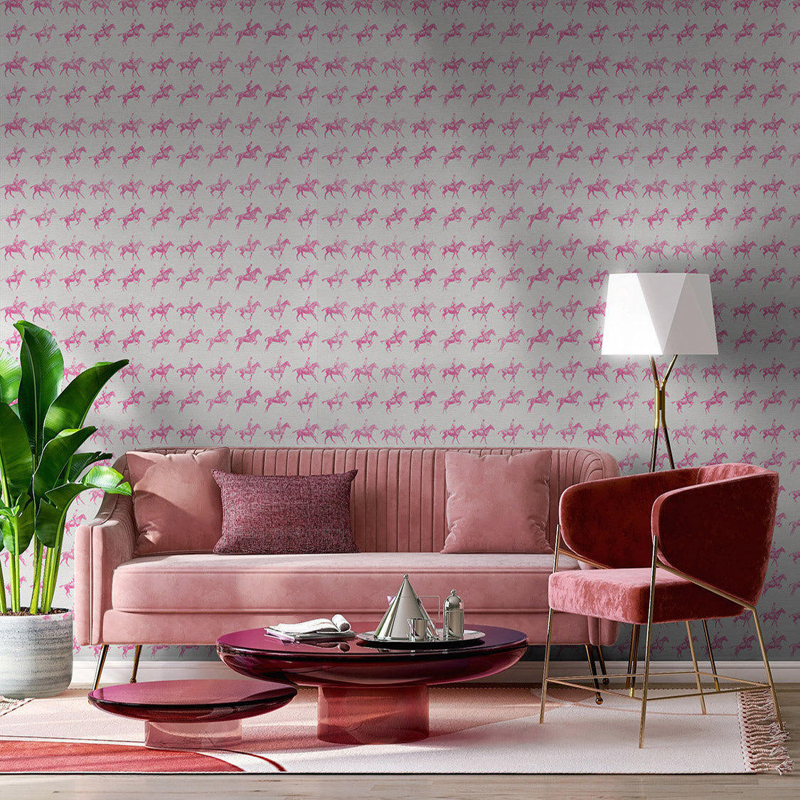 Horse Power Pink Grasscloth Wallpaper