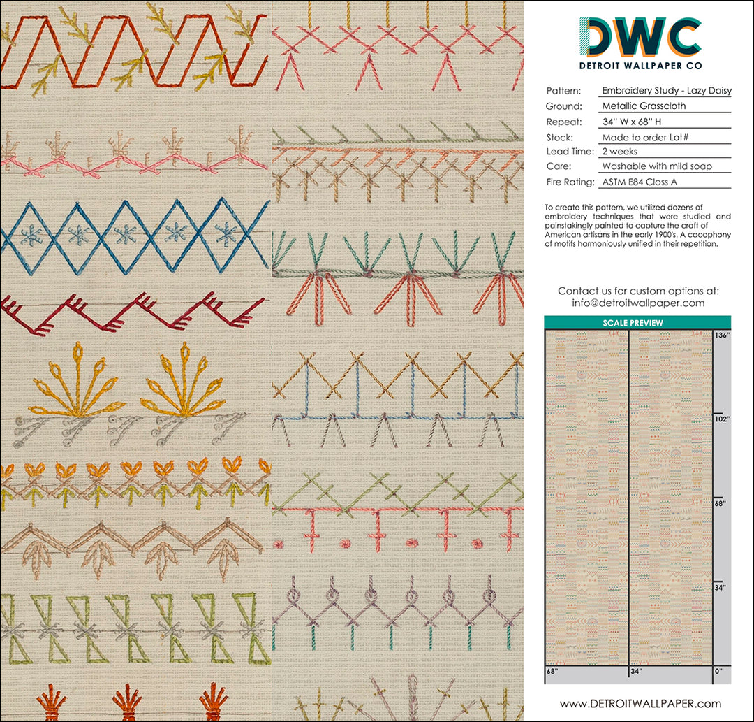 Embroidery Study - Lazy Daisy Grasscloth Wallpaper