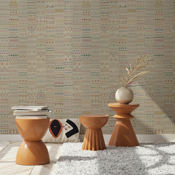 Embroidery Study - Lazy Daisy Grasscloth Wallpaper